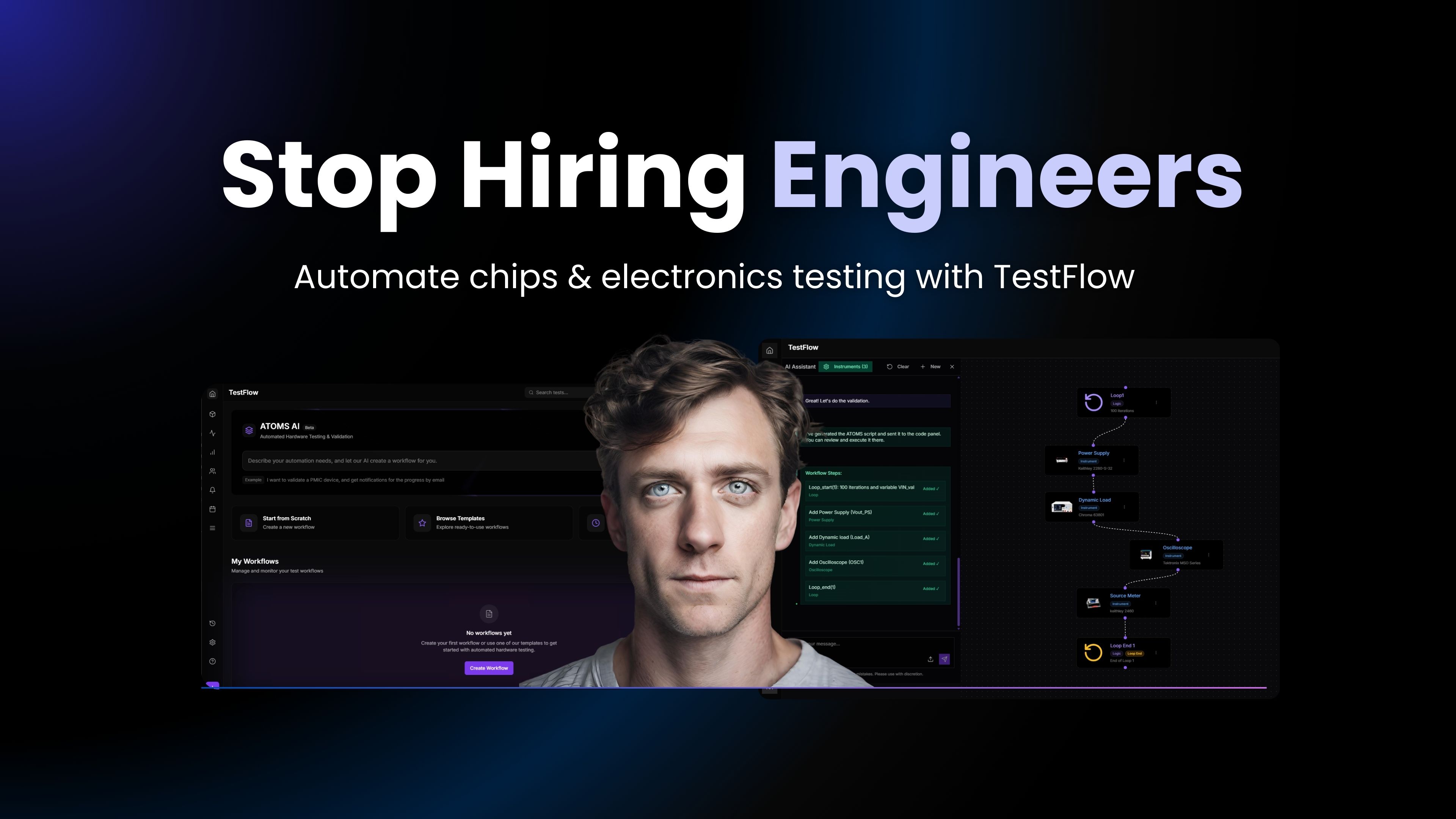 TestFlow AI-powered semiconductor validation platform interface showing automated test workflows and real-time monitoring dashboard